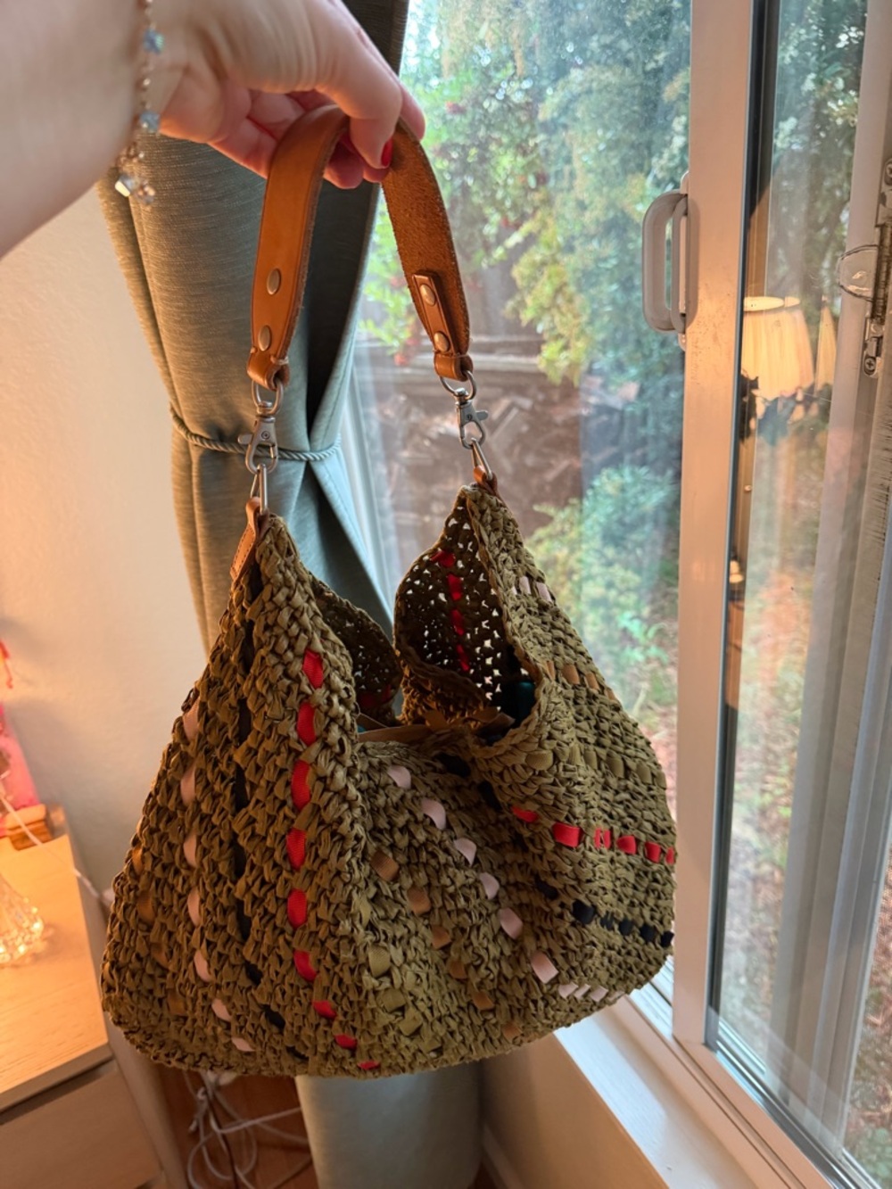 J.Crew Straw Woven Bag Leather Handle Boho Summer Market Tote